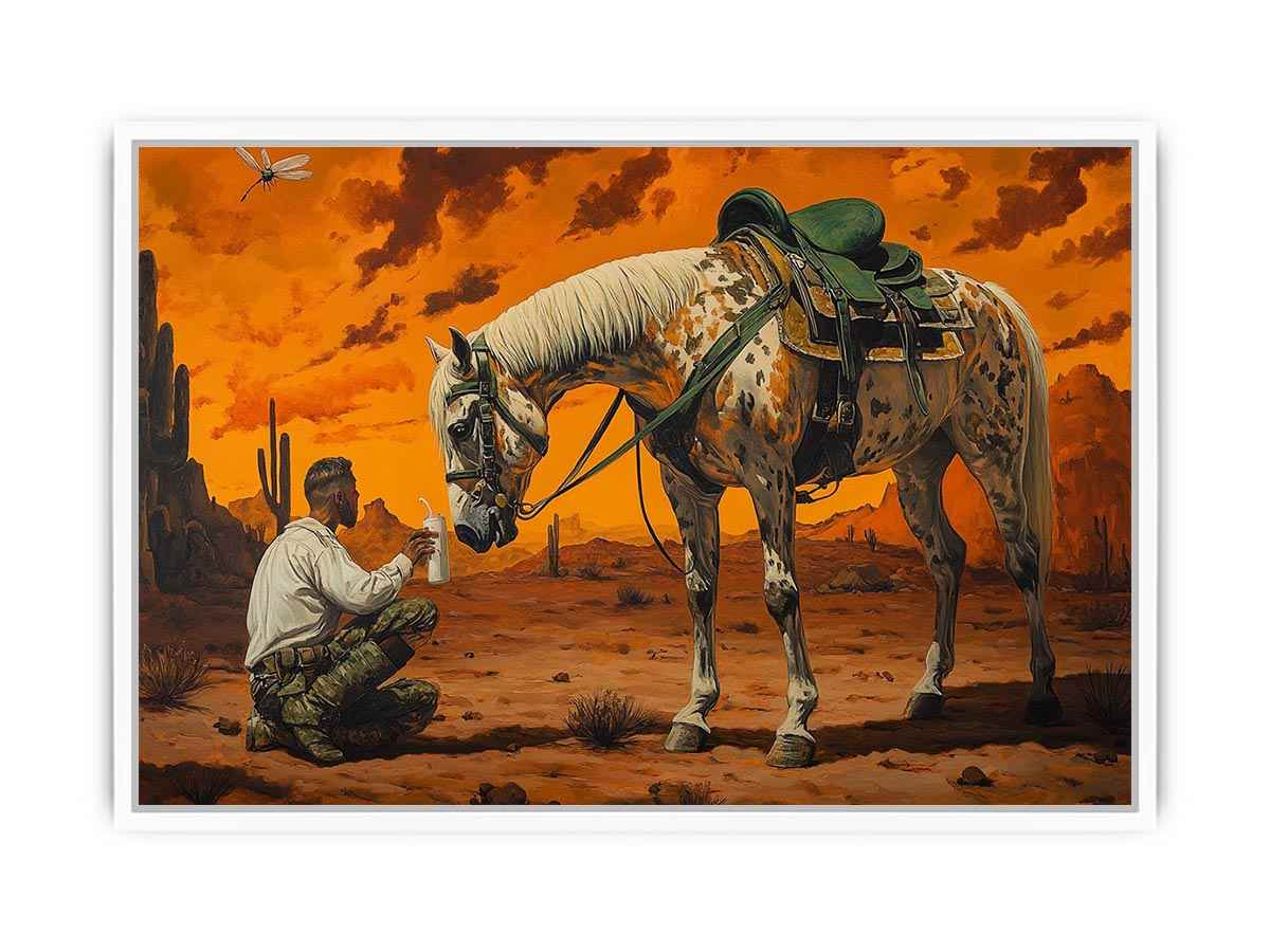 Western horse and cowboy Canvas Print with desert sunset