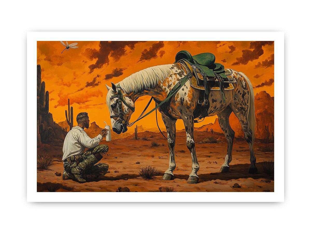 Western horse and cowboy Canvas Print with desert sunset
