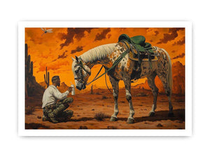 Western horse and cowboy Canvas Print with desert sunset