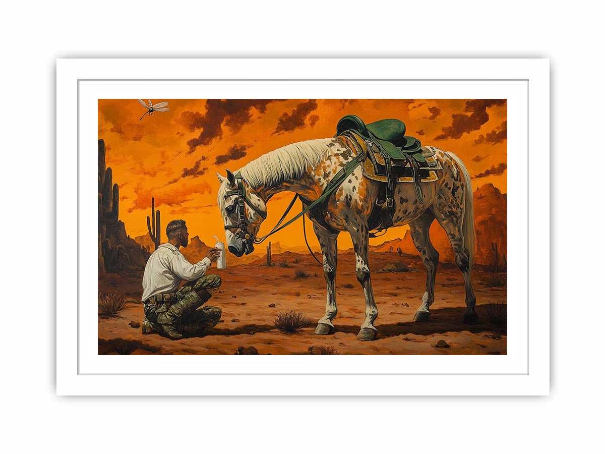 Western horse and cowboy Canvas Print with desert sunset