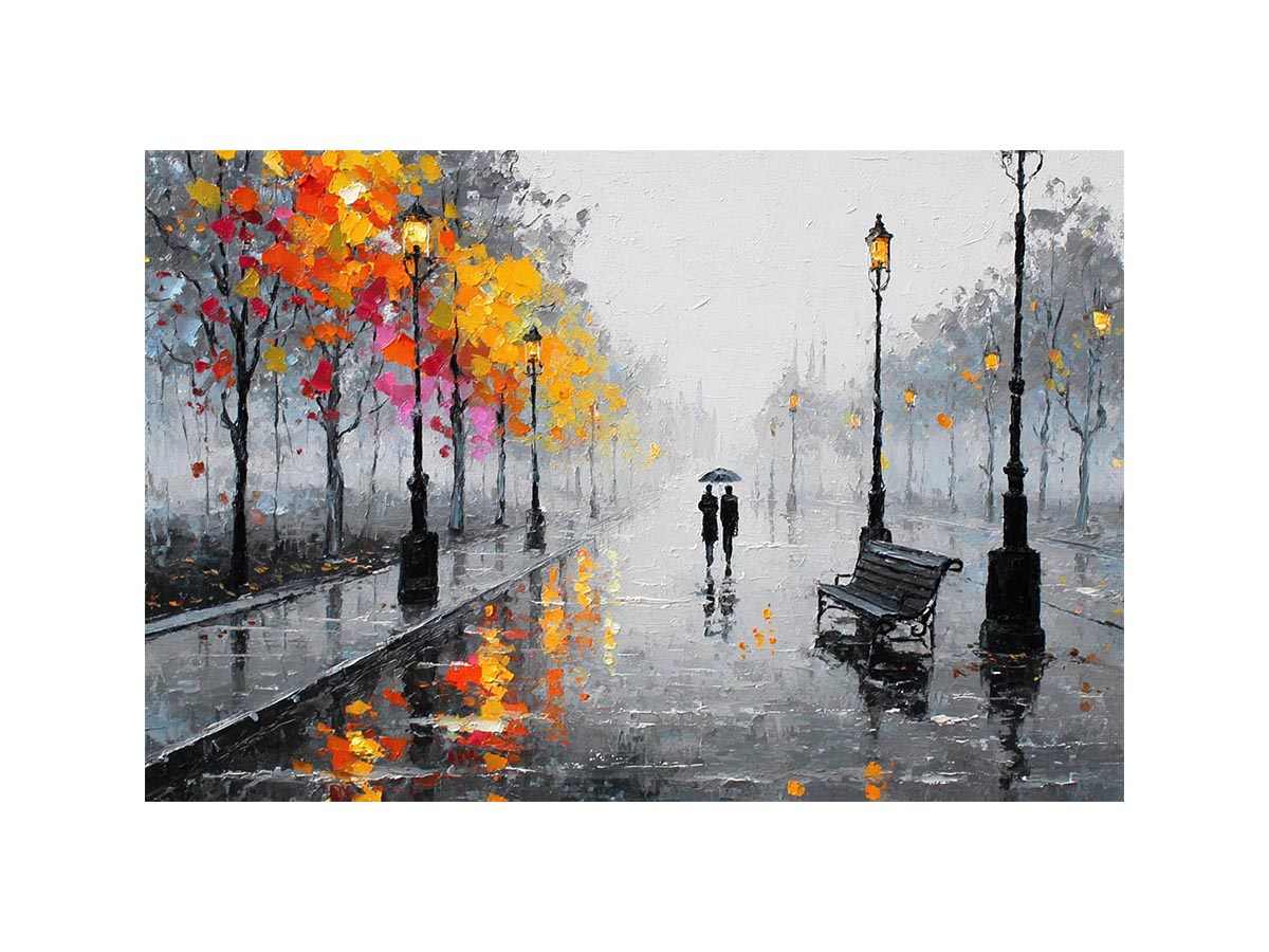 romantic rainy street couple painting autumn lights canvas Canvas Print modern impressionist