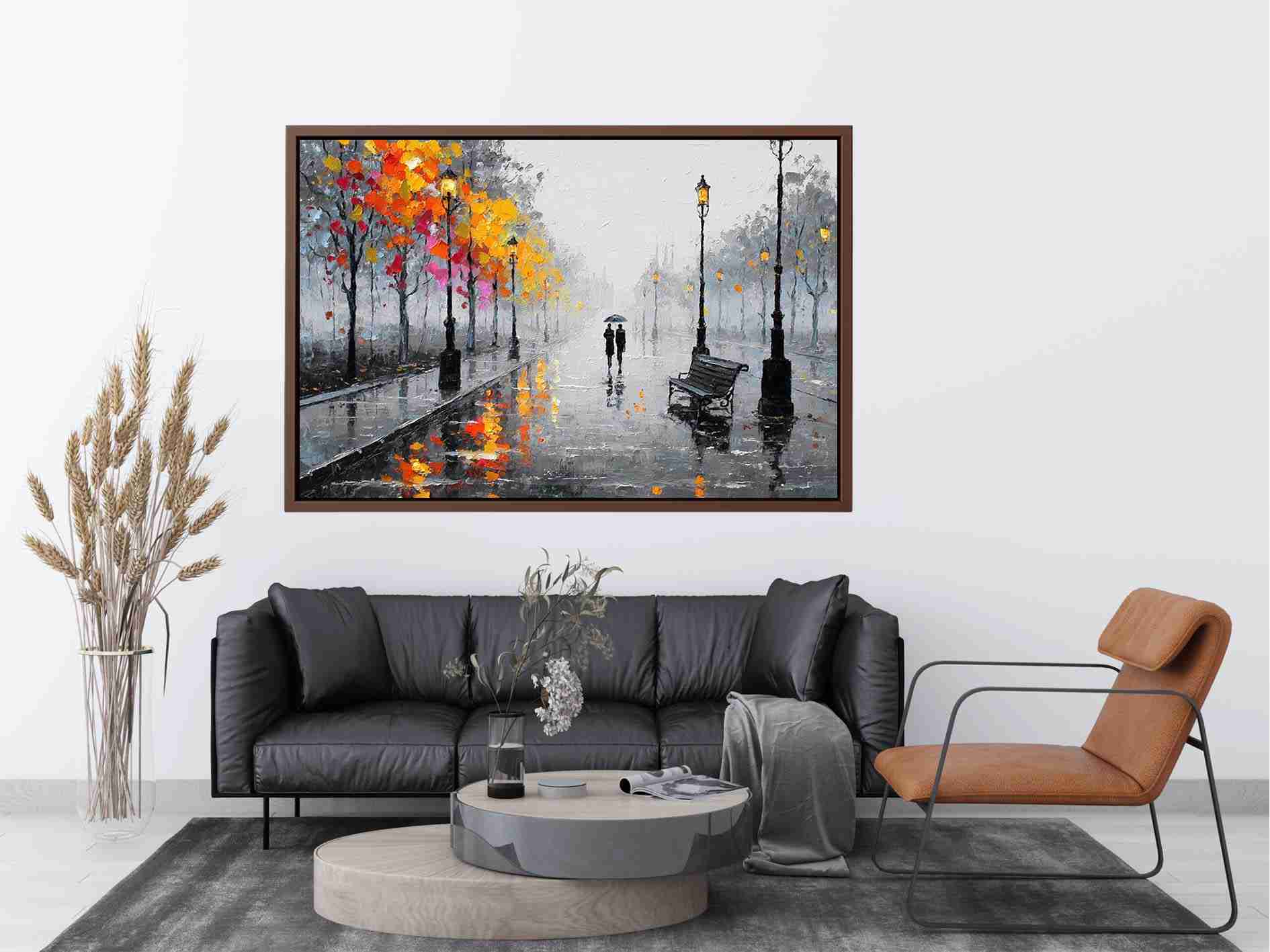 romantic rainy street couple painting autumn lights canvas Canvas Print modern impressionist