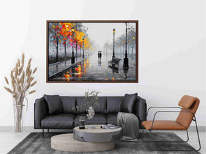 romantic rainy street couple painting autumn lights canvas Canvas Print modern impressionist
