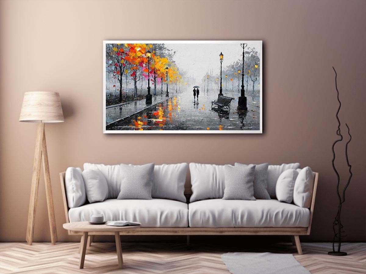 romantic rainy street couple painting autumn lights canvas Canvas Print modern impressionist