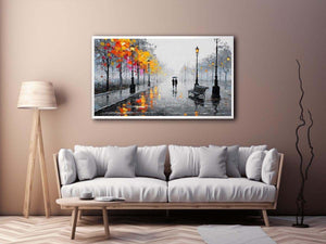 romantic rainy street couple painting autumn lights canvas Canvas Print modern impressionist