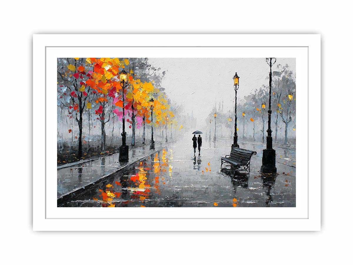 romantic rainy street couple painting autumn lights canvas Canvas Print modern impressionist