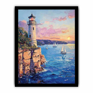 Pastel lighthouse harbor Canvas Print with sailboats