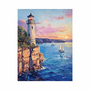 Pastel lighthouse harbor Canvas Print with sailboats