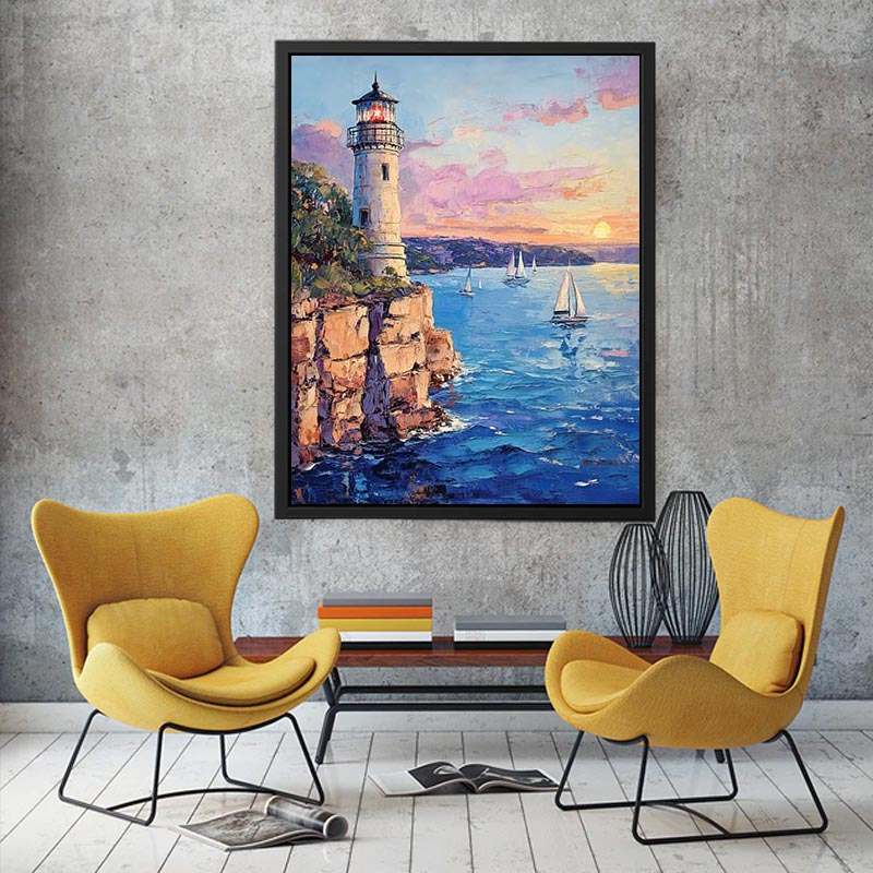 Pastel lighthouse harbor Canvas Print with sailboats