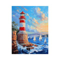Red lighthouse harbor Canvas Print with sailboats