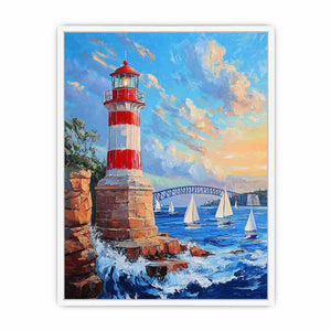 Red lighthouse harbor Canvas Print with sailboats