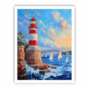 Red lighthouse harbor Canvas Print with sailboats