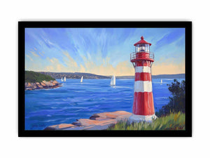 red lighthouse Canvas Print with sailboats