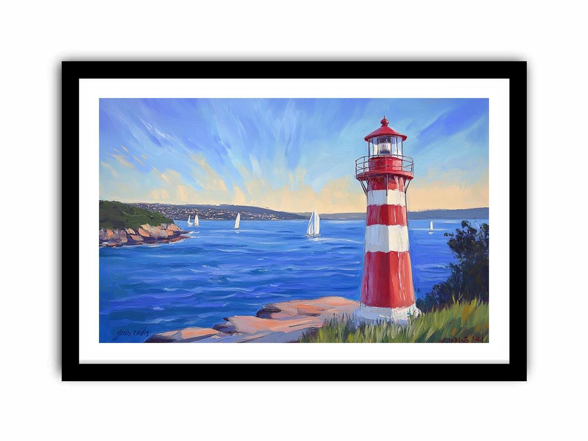 red lighthouse Canvas Print with sailboats