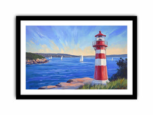 red lighthouse Canvas Print with sailboats