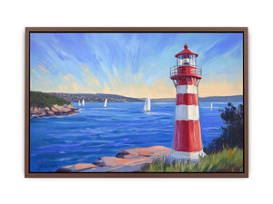 red lighthouse Canvas Print with sailboats