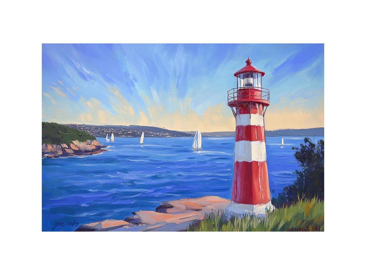 Panoramic red lighthouse canvas art with sailboats for beach house decor.