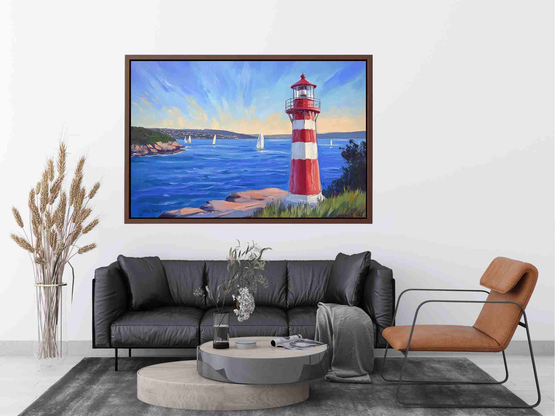 Panoramic red lighthouse canvas art with sailboats for beach house decor.
