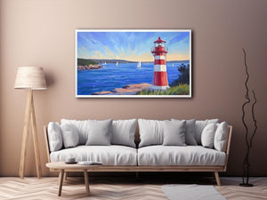 red lighthouse Canvas Print with sailboats