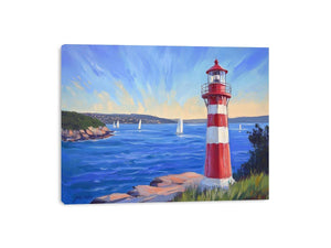 red lighthouse Canvas Print with sailboats
