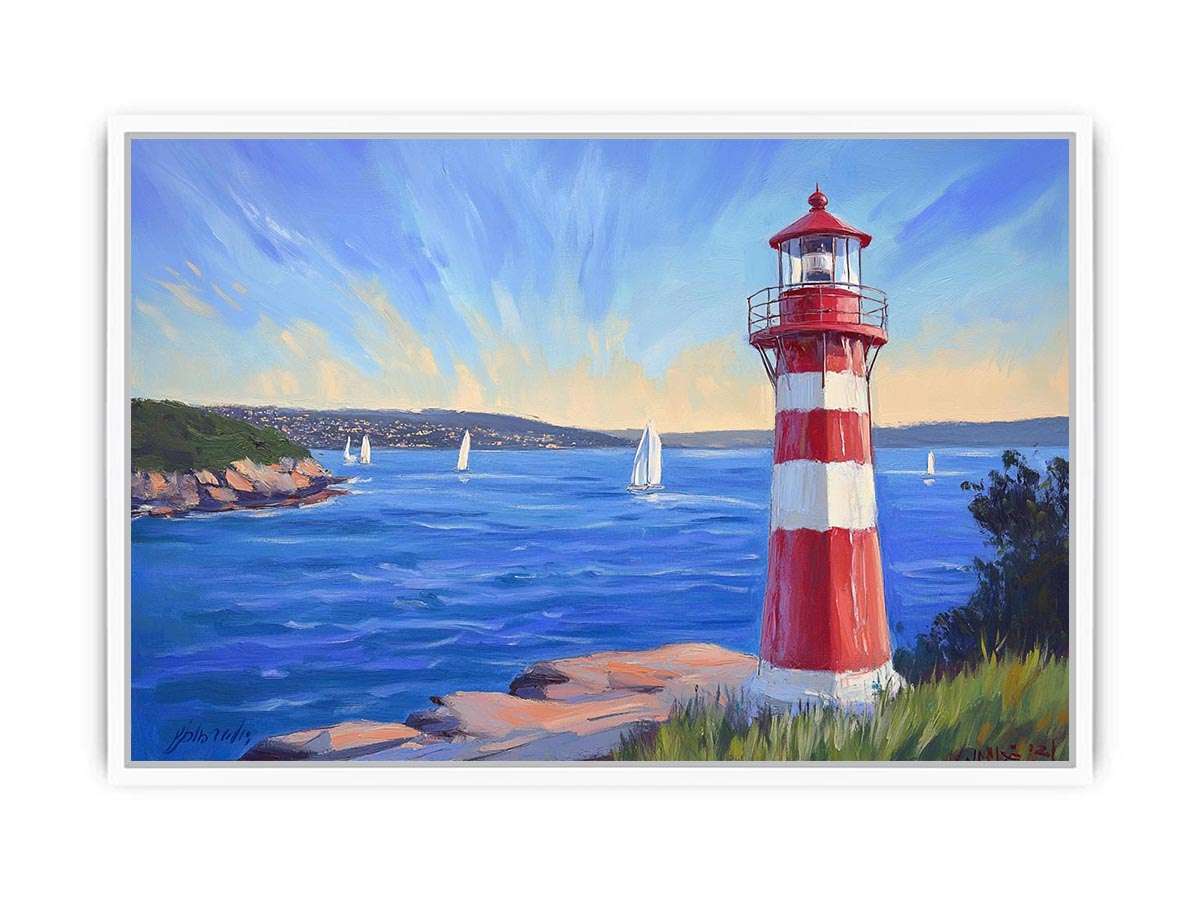 red lighthouse Canvas Print with sailboats