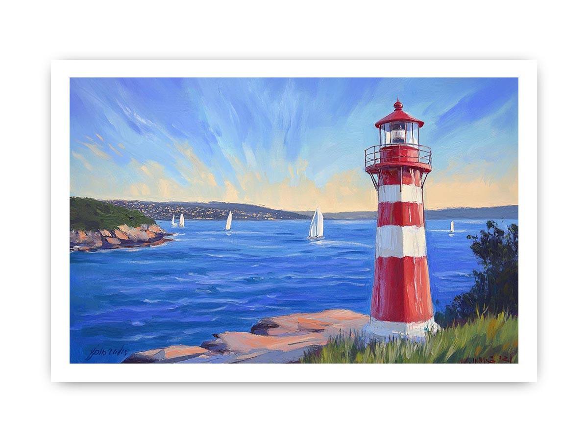 red lighthouse Canvas Print with sailboats