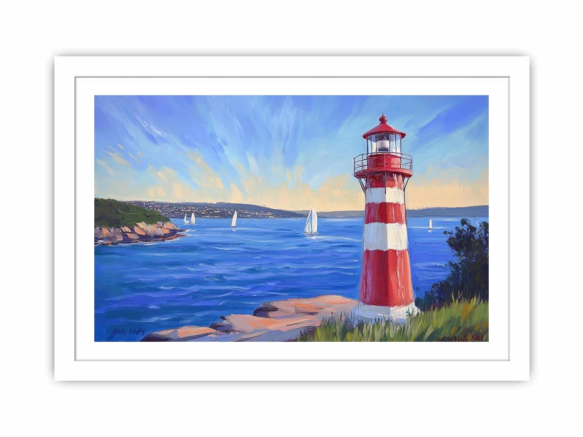 red lighthouse Canvas Print with sailboats