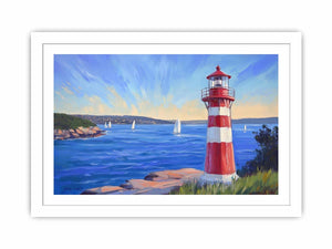 red lighthouse Canvas Print with sailboats