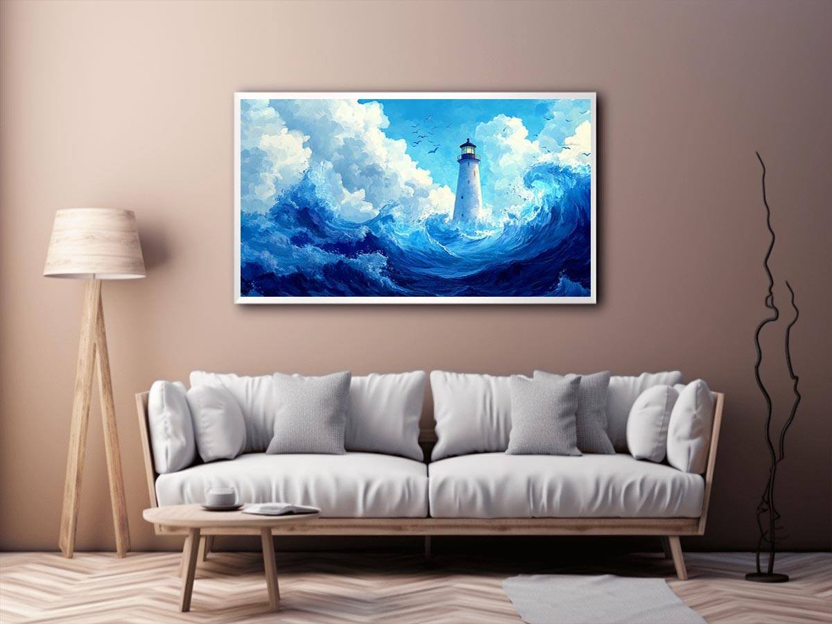 Blue lighthouse wave Canvas Print