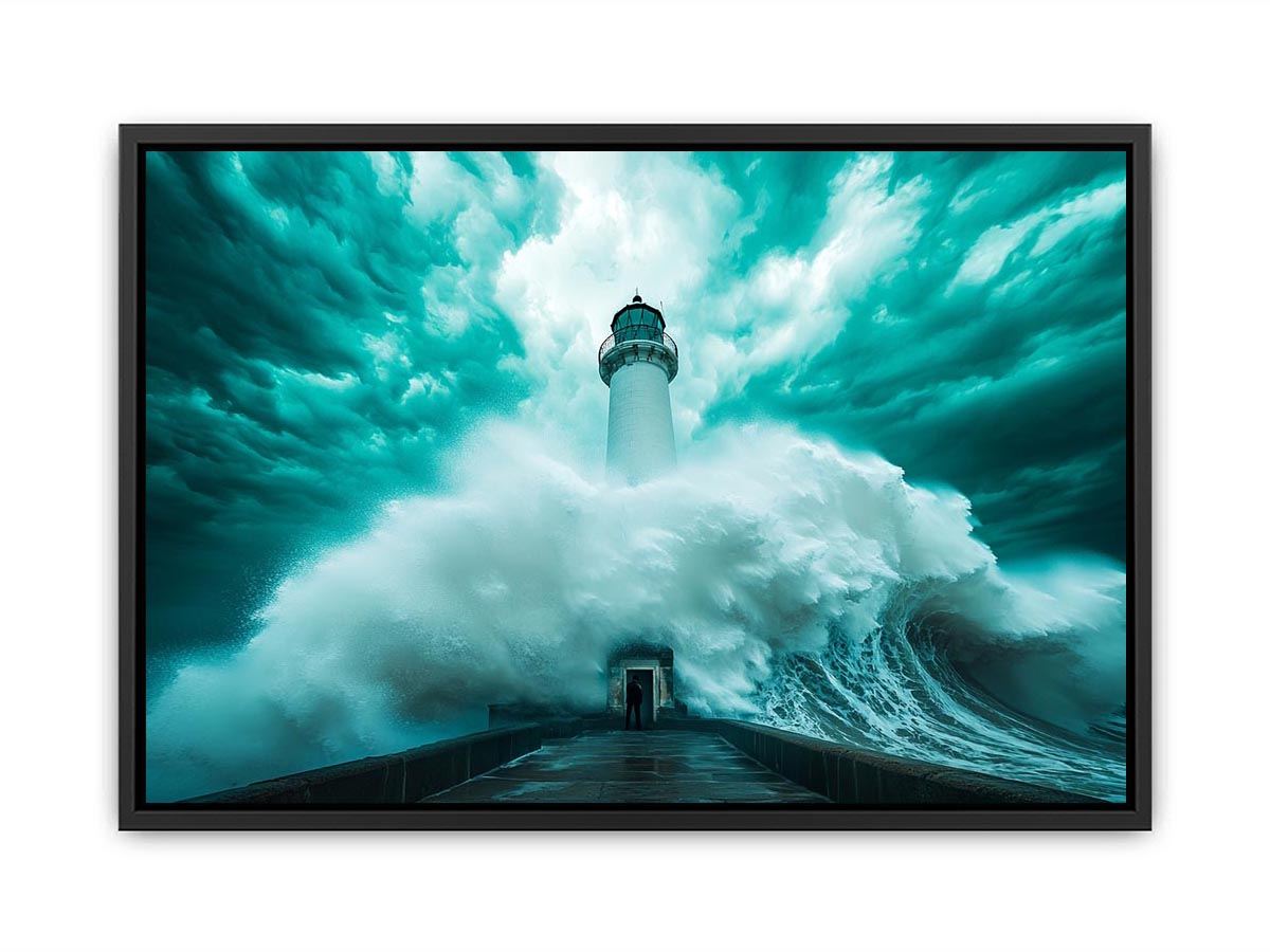 Teal storm lighthouse Canvas Print with giant wave