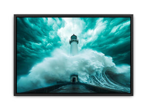 Teal storm lighthouse Canvas Print with giant wave