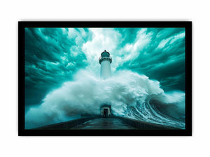 Teal storm lighthouse Canvas Print with giant wave