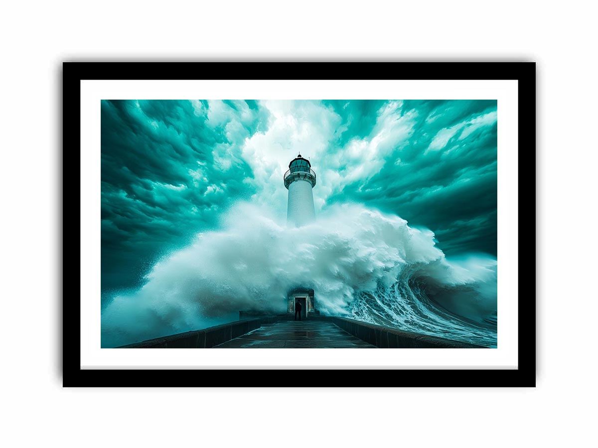 Teal storm lighthouse Canvas Print with giant wave