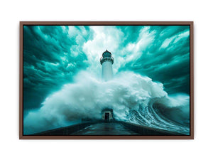 Teal storm lighthouse Canvas Print with giant wave