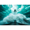 Teal storm lighthouse Canvas Print with giant wave