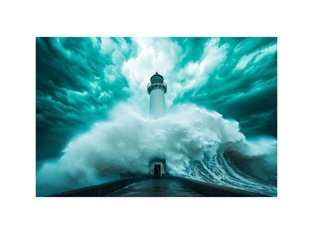 Teal storm lighthouse Canvas Print with giant wave