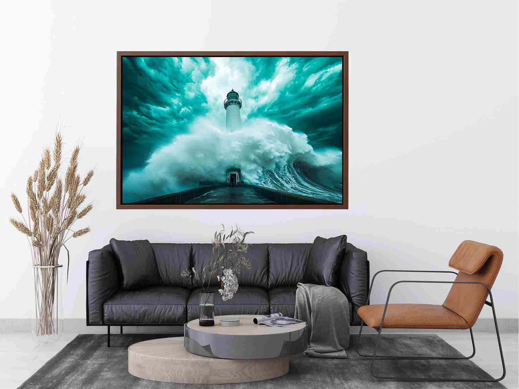 Teal storm lighthouse Canvas Print with giant wave