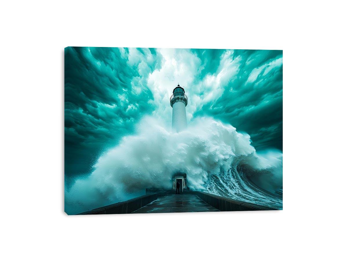 Teal storm lighthouse Canvas Print with giant wave