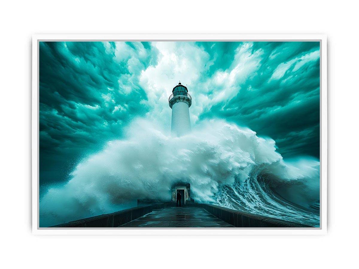 Teal storm lighthouse Canvas Print with giant wave