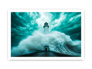 Teal storm lighthouse Canvas Print with giant wave