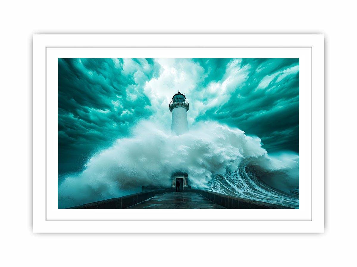Teal storm lighthouse Canvas Print with giant wave