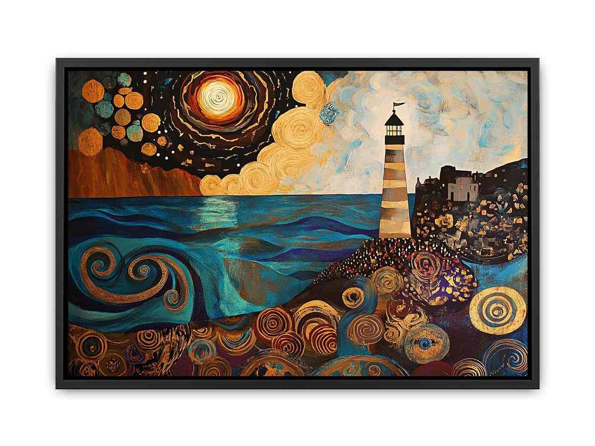 Surreal coastal lighthouse Canvas Print with moon, ocean waves, and harbor village