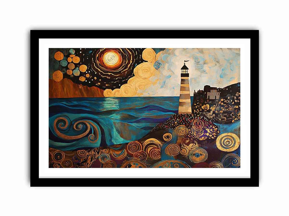 Surreal coastal lighthouse Canvas Print with moon, ocean waves, and harbor village