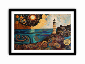Surreal coastal lighthouse Canvas Print with moon, ocean waves, and harbor village