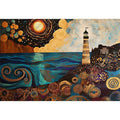 Surreal coastal lighthouse Canvas Print with moon, ocean waves, and harbor village