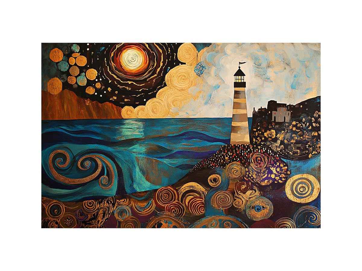 Surreal coastal lighthouse Canvas Print with moon, ocean waves, and harbor village
