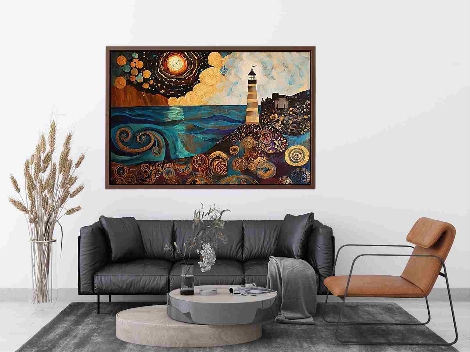 Surreal coastal lighthouse Canvas Print with moon, ocean waves, and harbor village