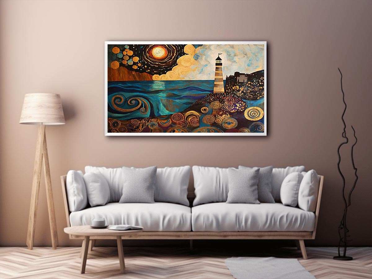 Surreal coastal lighthouse Canvas Print with moon, ocean waves, and harbor village
