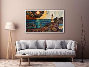 Surreal coastal lighthouse Canvas Print with moon, ocean waves, and harbor village