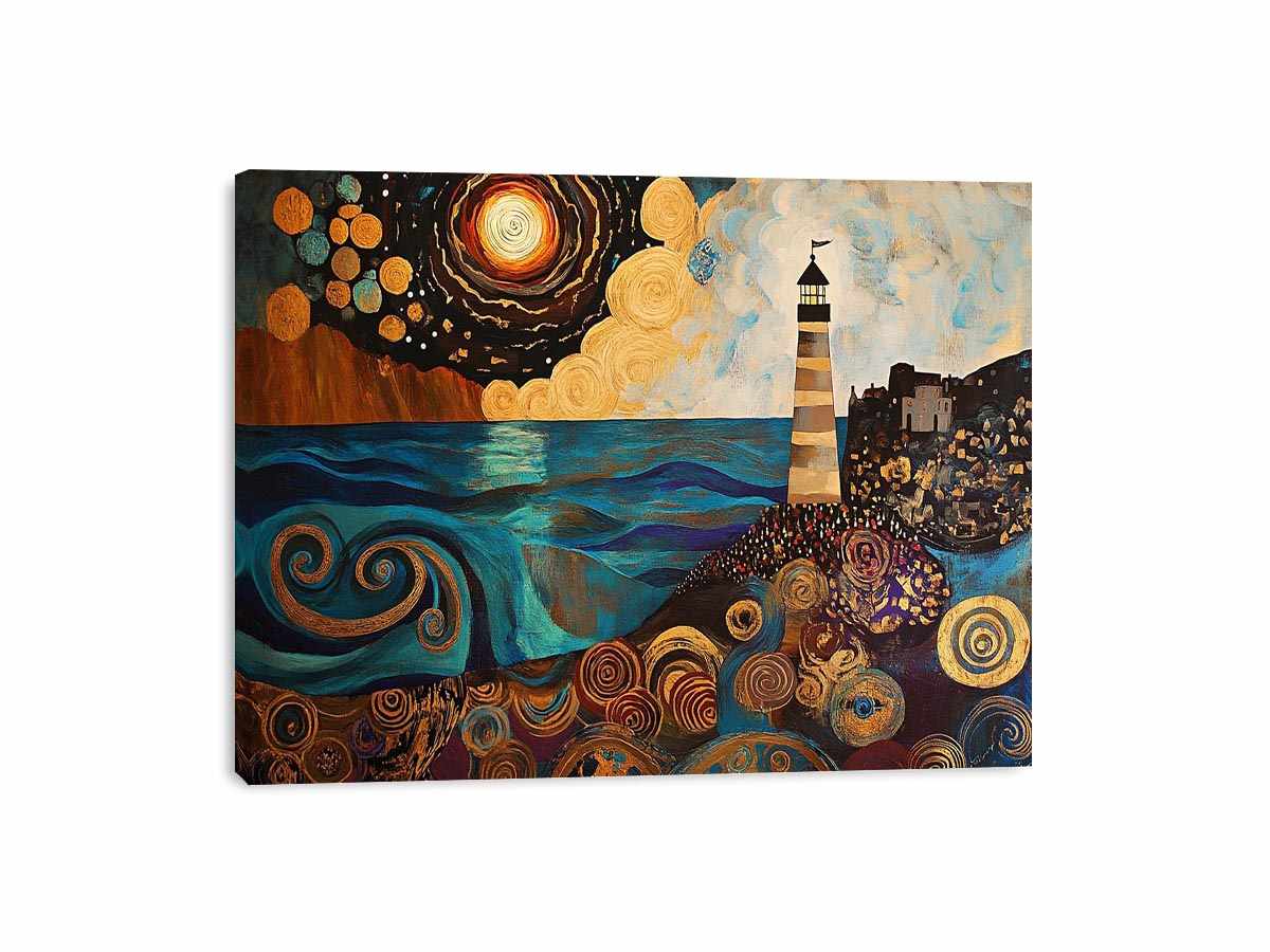 Surreal coastal lighthouse Canvas Print with moon, ocean waves, and harbor village